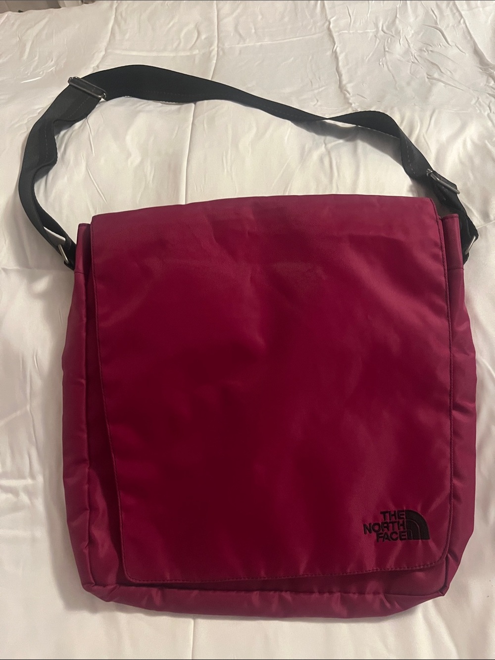 The North Face Men's Burgundy Messenger Bag with Black Strap